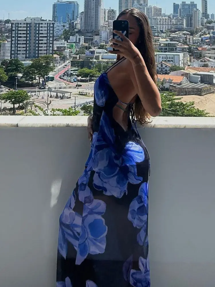 Mozision Mesh Print Sexy Maxi Dress Women Fashion Blue Halter Sleeveless Backless Lace-up Beach Vacation Club Party Long Dress