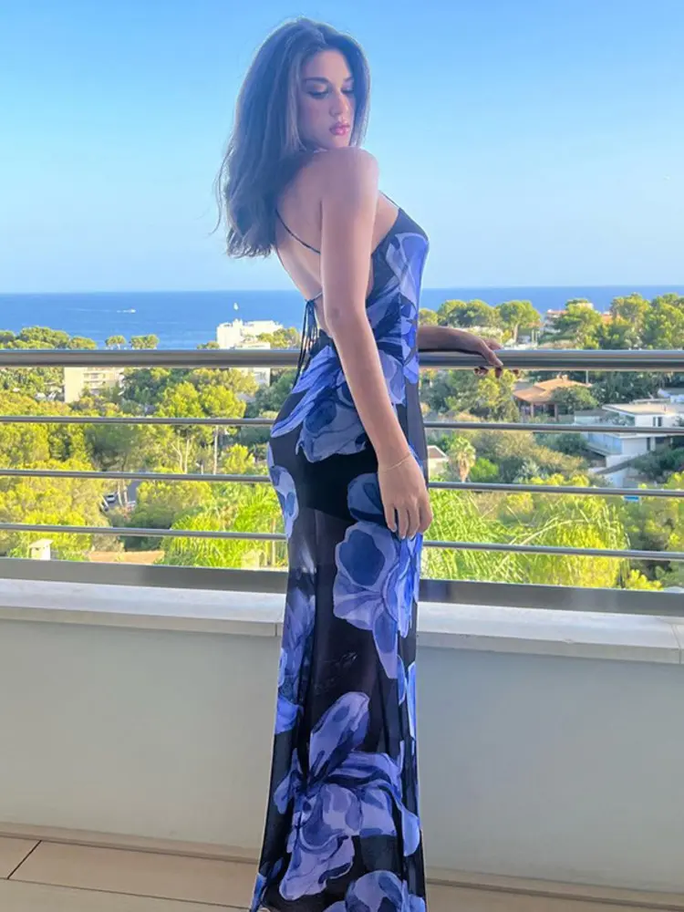 Mozision Mesh Print Sexy Maxi Dress Women Fashion Blue Halter Sleeveless Backless Lace-up Beach Vacation Club Party Long Dress