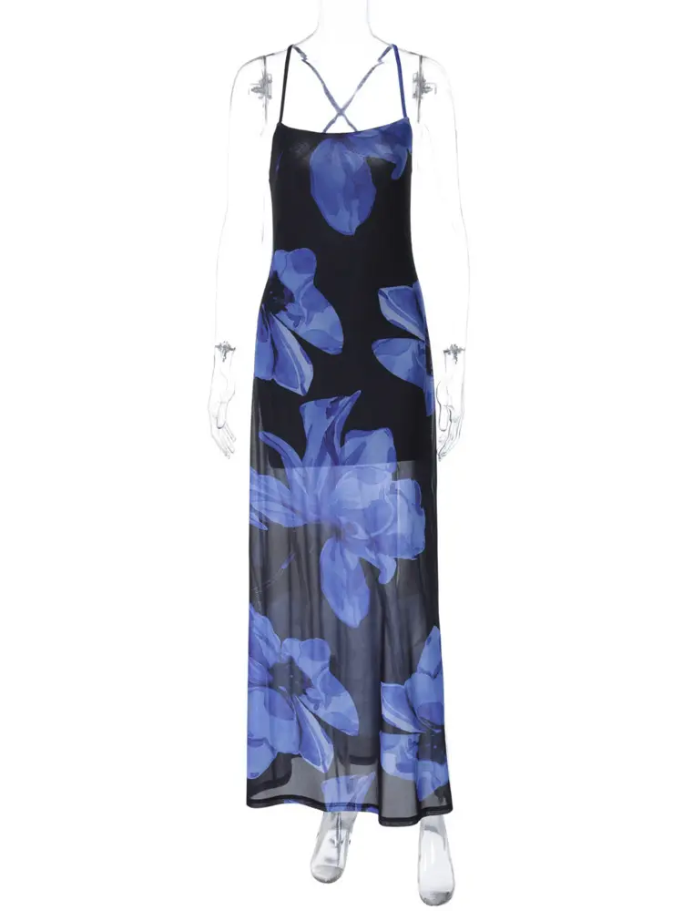 Mozision Mesh Print Sexy Maxi Dress Women Fashion Blue Halter Sleeveless Backless Lace-up Beach Vacation Club Party Long Dress