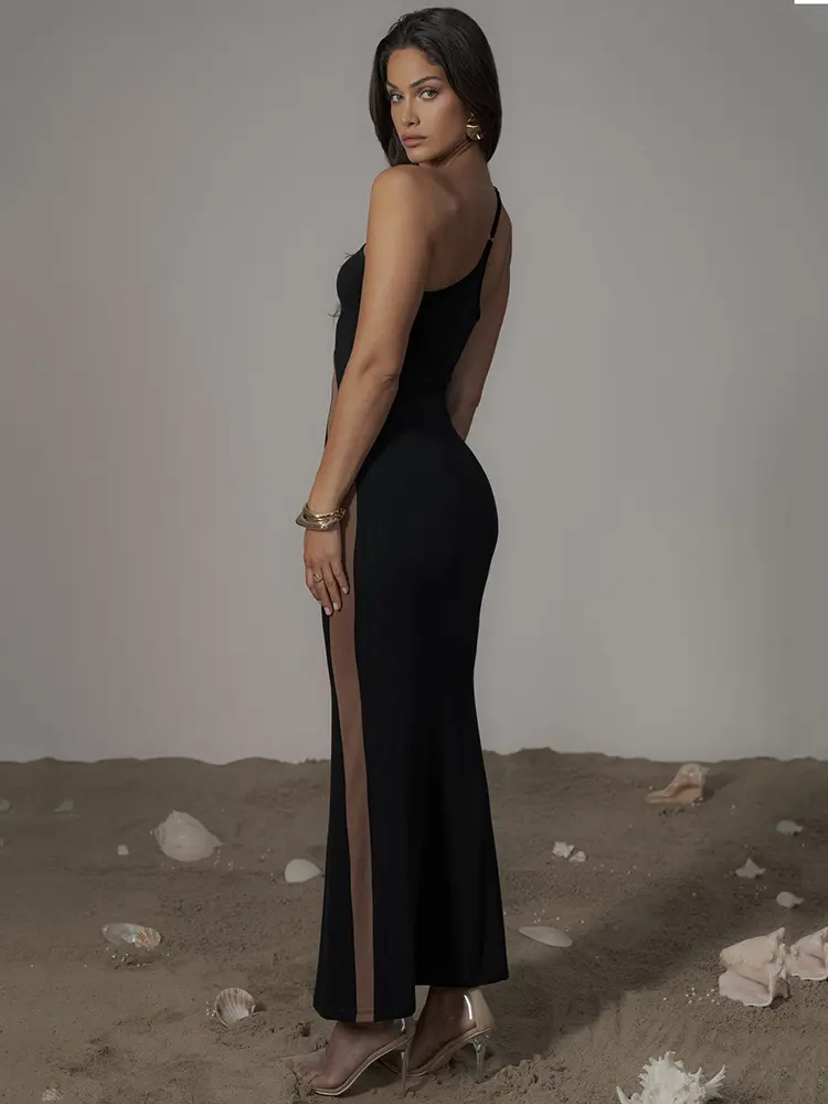 Mozision Patchwork One Shoulder Sexy Maxi Dress For Women Black Off-shoulder Backless Bodycon Club Party Evening Long Dress