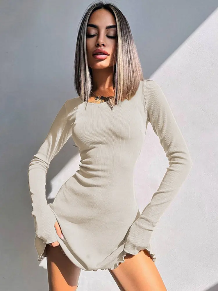Mozision Ribbed Long Sleeve Sexy Mini Dress For Women Autumn Winter New O Neck Bandage Lace-up Fashion Elegant Dress Vestidos