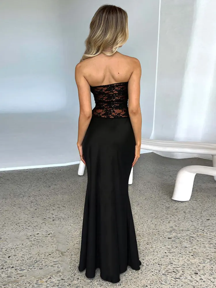 Mozision Lace See Through Strapless Sexy Maxi Dress Women Black Off-shoulder Backless Sleeveless Bodycon High Waist Long Dress