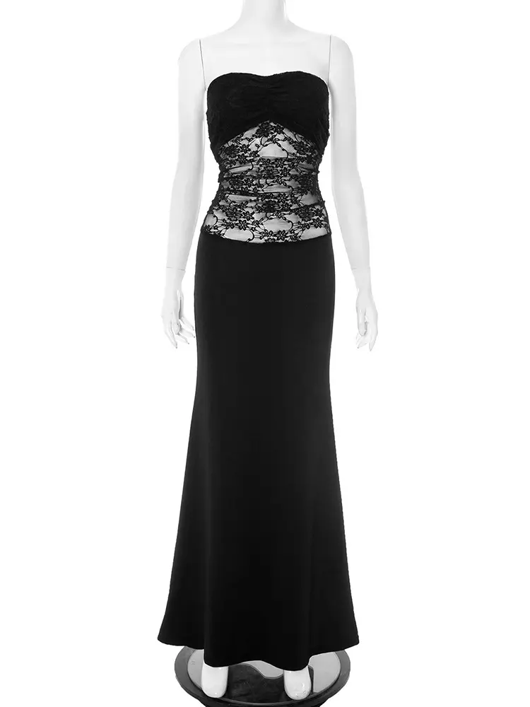 Mozision Lace See Through Strapless Sexy Maxi Dress Women Black Off-shoulder Backless Sleeveless Bodycon High Waist Long Dress