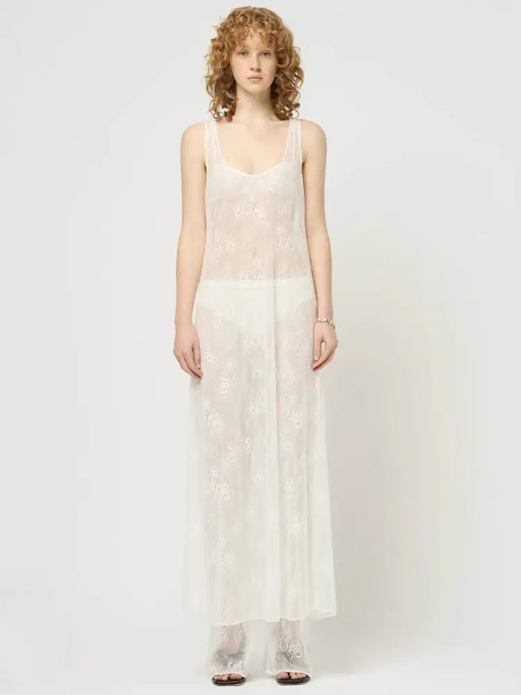 Mozision See Through Lace Hollow Out Sexy Maxi Dress For Women Fashion U Neck Sleeveless Backless Transparent Beach Long Dress