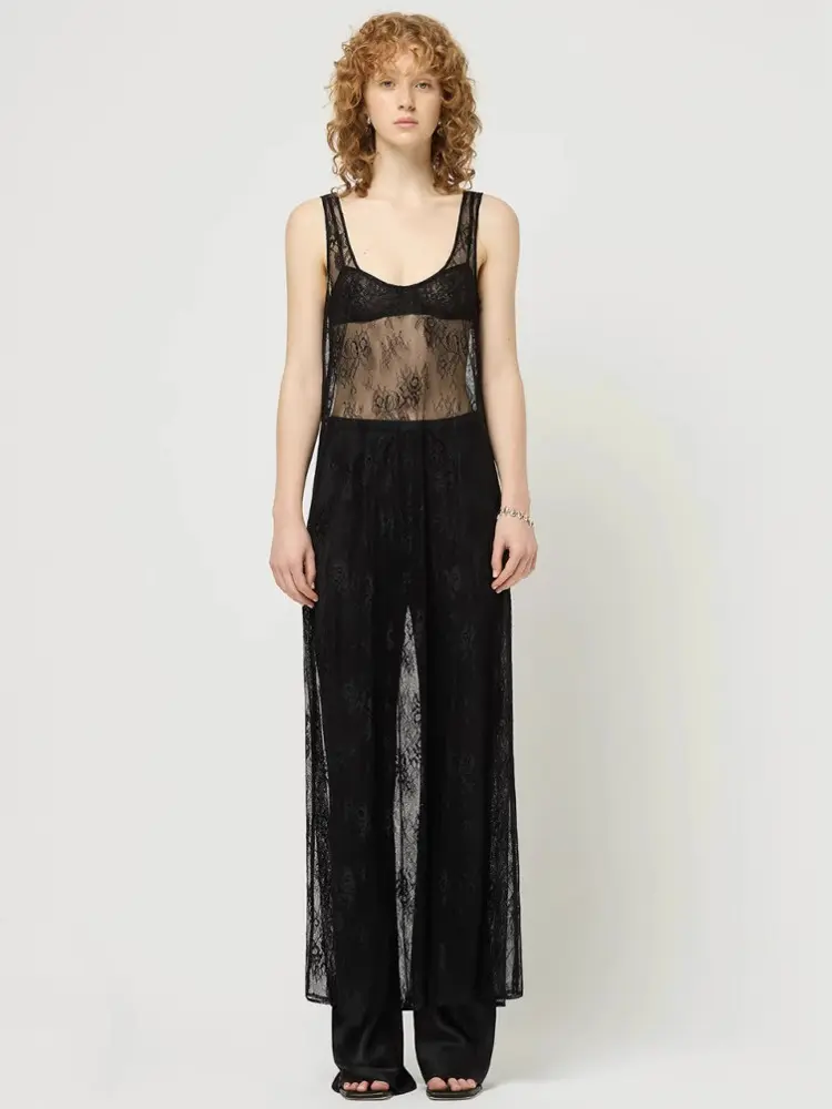 Mozision See Through Lace Hollow Out Sexy Maxi Dress For Women Fashion U Neck Sleeveless Backless Transparent Beach Long Dress