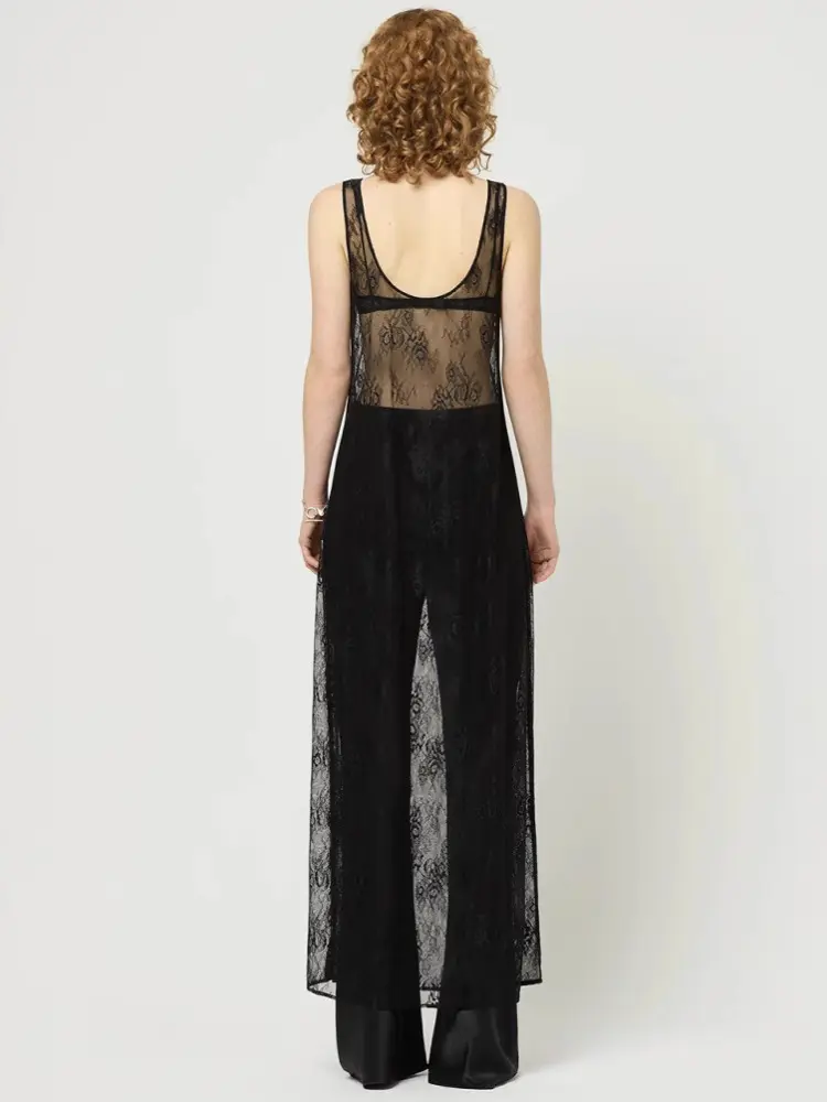 Mozision See Through Lace Hollow Out Sexy Maxi Dress For Women Fashion U Neck Sleeveless Backless Transparent Beach Long Dress