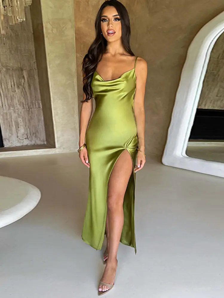 Mozision Stretch Satin Backless Maxi Dress For Women Robe Summer Spaghetti Strap Sleeveless Backless High Split Sexy Long Dress