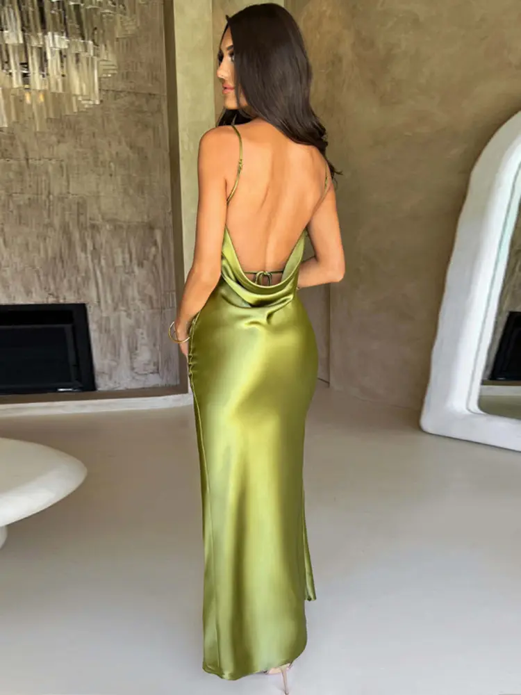 Mozision Stretch Satin Backless Maxi Dress For Women Robe Summer Spaghetti Strap Sleeveless Backless High Split Sexy Long Dress