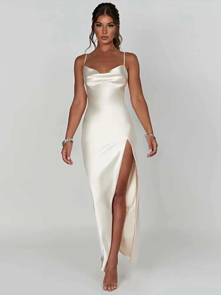 Mozision Stretch Satin Backless Maxi Dress For Women Robe Summer Spaghetti Strap Sleeveless Backless High Split Sexy Long Dress