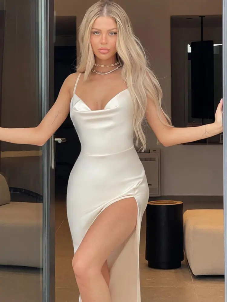 Mozision Stretch Satin Backless Maxi Dress For Women Robe Summer Spaghetti Strap Sleeveless Backless High Split Sexy Long Dress