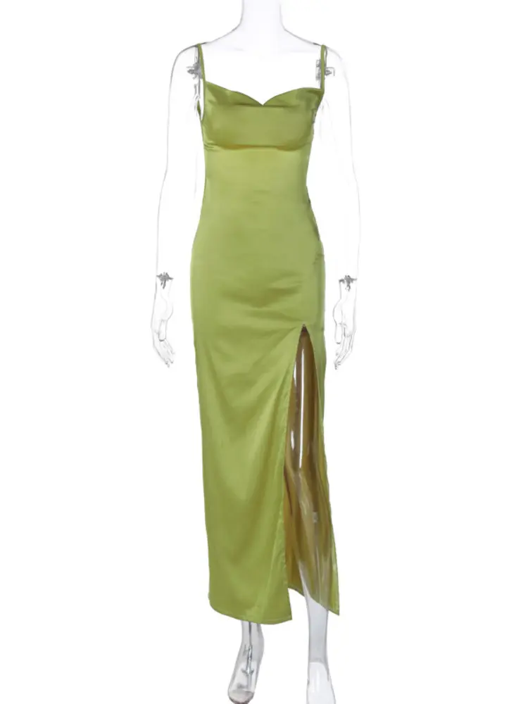 Mozision Stretch Satin Backless Maxi Dress For Women Robe Summer Spaghetti Strap Sleeveless Backless High Split Sexy Long Dress