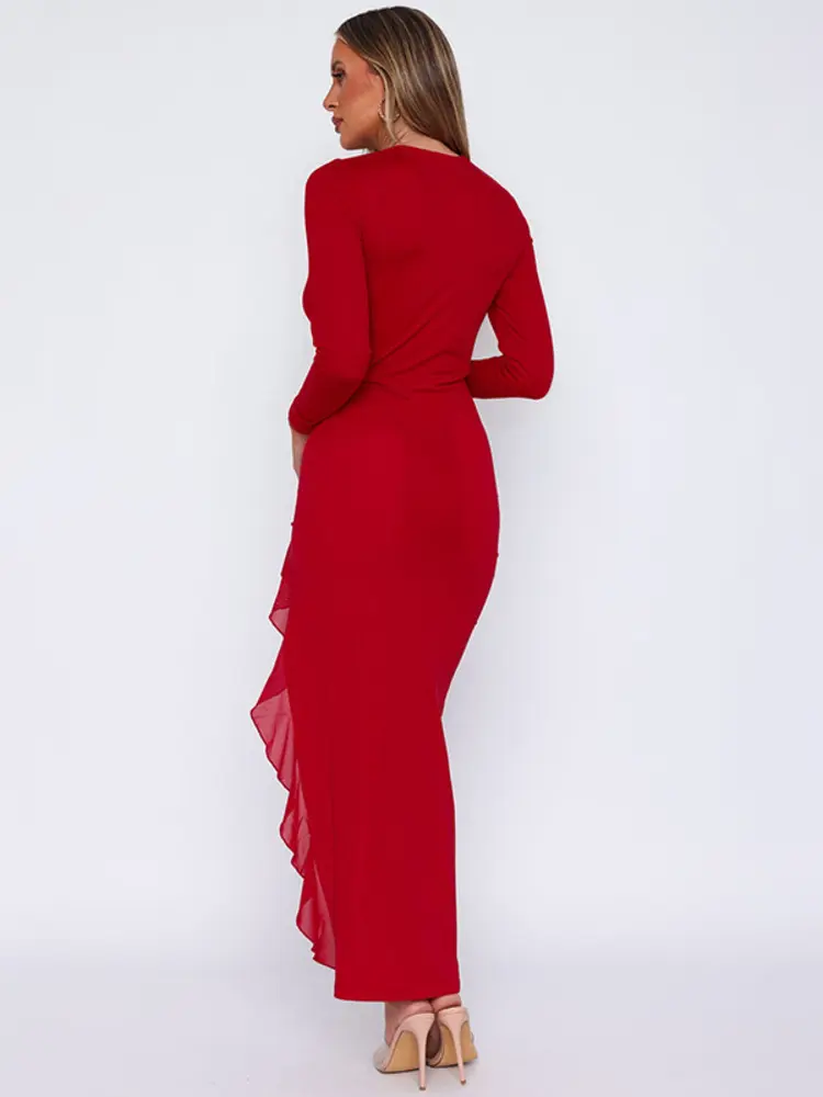 Mozision Long Sleeve Ruffle High Split Sexy Maxi Dress For Women Fashion Autumn Deep V Neck Bodycon Club Party Long Dresses
