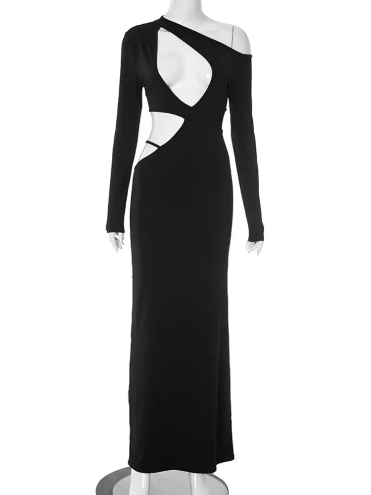 Mozision Inclined Shoulder Long Sleeve Sexy Maxi Dress For Women Black Irregular Hollow Out Bodycon Club Party Long Dress Female