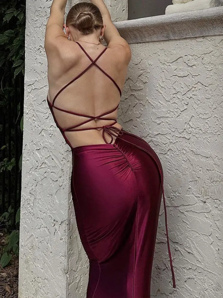Mozision Elegant Backless Bodycon Maxi Dress For Women Fashion Spaghetti Strap Sleeveless Lace-up Night Club Party Long Dress