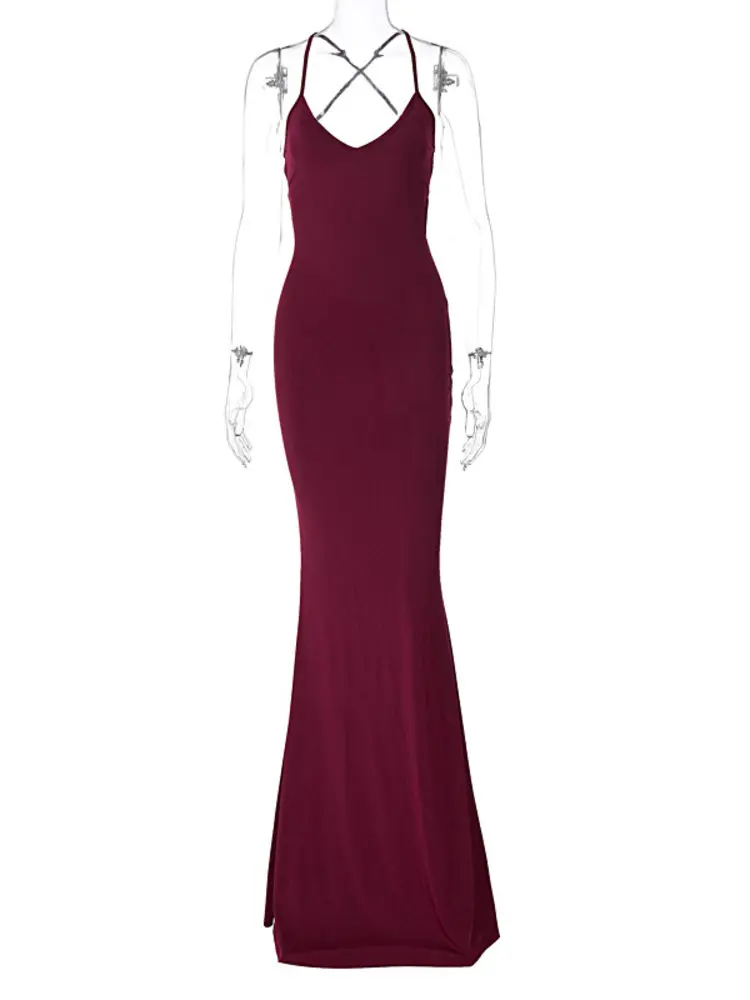 Mozision Elegant Backless Bodycon Maxi Dress For Women Fashion Spaghetti Strap Sleeveless Lace-up Night Club Party Long Dress