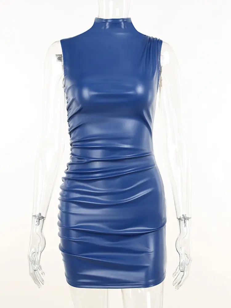 Mozision Winter New Sleeveless PU Leather Mini Dress For Women Robe Turtleneck Bodycon Ruched Sexy Short Dress Vestido