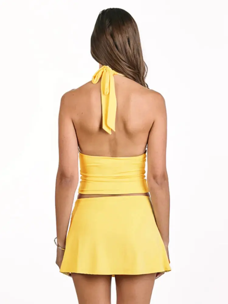 Mozision Fashion Sexy Two Piece Set Women Halter Backless Crop Tops And Mini Skirt Matching Sets Female Beach Club Dress Set