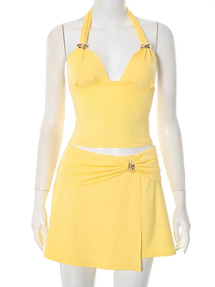 Mozision Fashion Sexy Two Piece Set Women Halter Backless Crop Tops And Mini Skirt Matching Sets Female Beach Club Dress Set