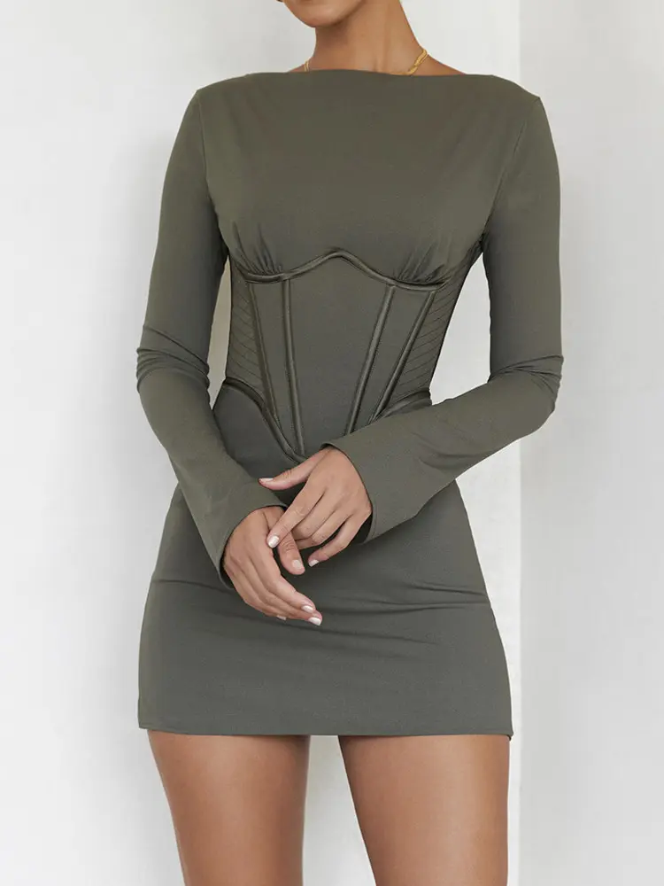 Mozision 2022 New Full Sleeve Backless Mini Dress For Women Robe Autumn O Neck Corset Bodycon Party Short Dresses Vestido