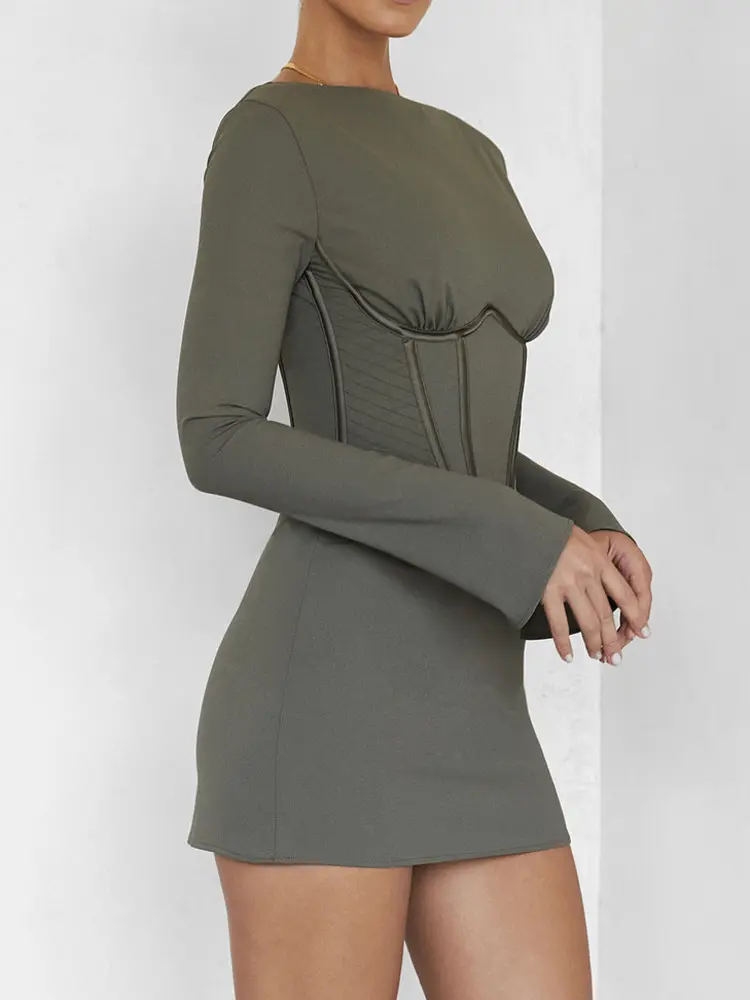 Mozision 2022 New Full Sleeve Backless Mini Dress For Women Robe Autumn O Neck Corset Bodycon Party Short Dresses Vestido