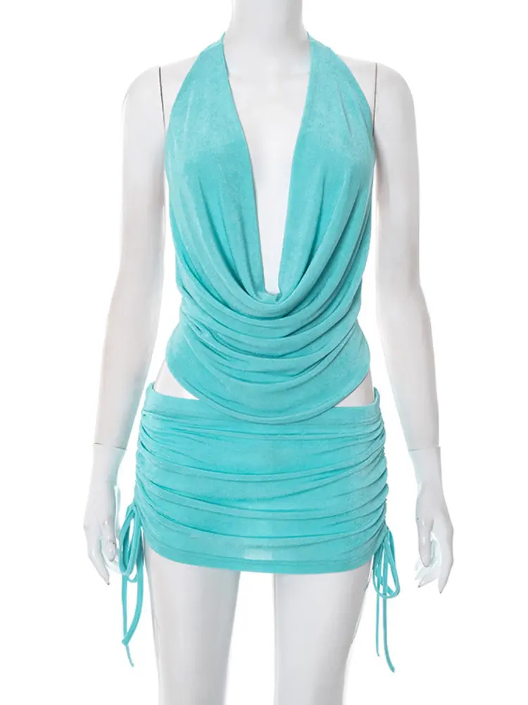 Mozision Sexy Backless Skirt Two Piece Set Women Halter V Neck Tank Top And Mini Skirt Matching Sets Ruched Party Dress Set