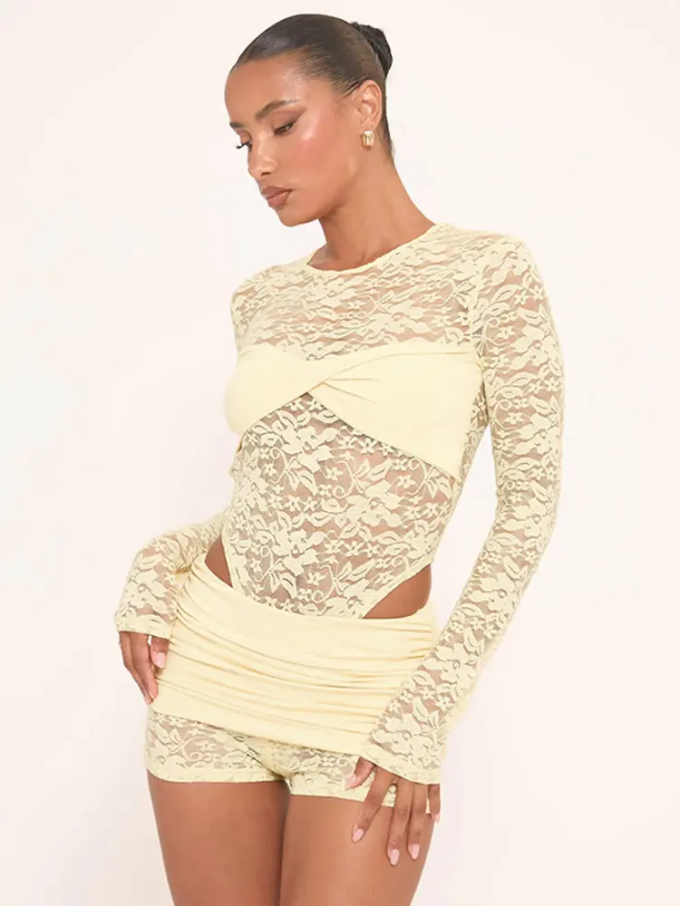 Mozision Lace Sexy Shorts Two Piece Set Women See Through Long Sleeve Bodysuit And Mini Skirt Matching Sets Female Ruched Set