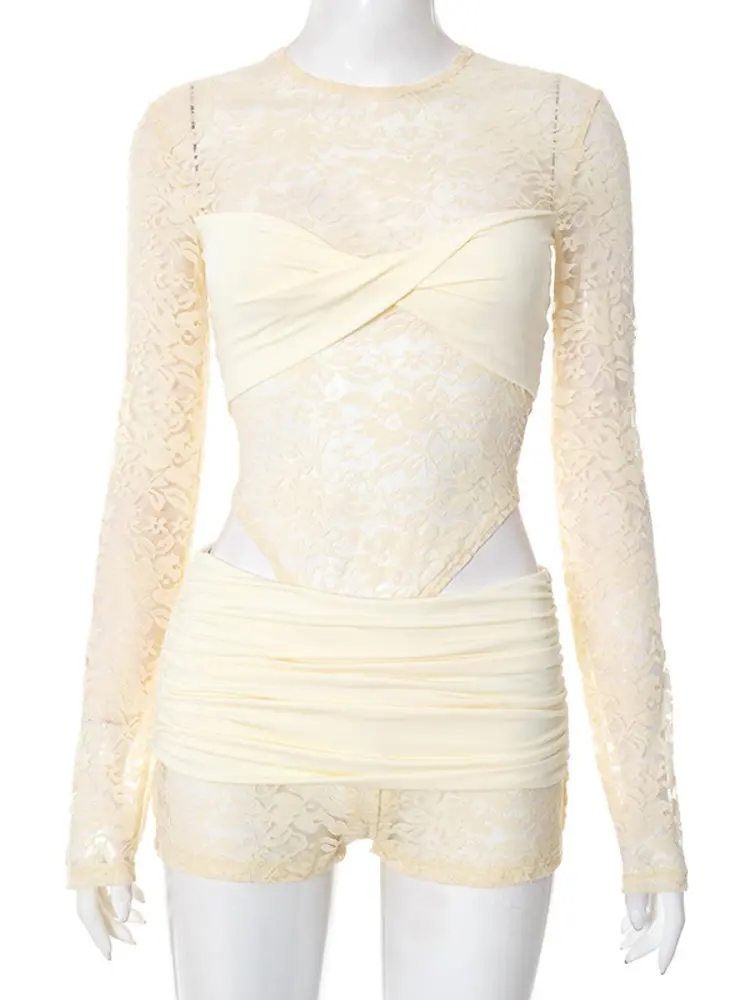 Mozision Lace Sexy Shorts Two Piece Set Women See Through Long Sleeve Bodysuit And Mini Skirt Matching Sets Female Ruched Set