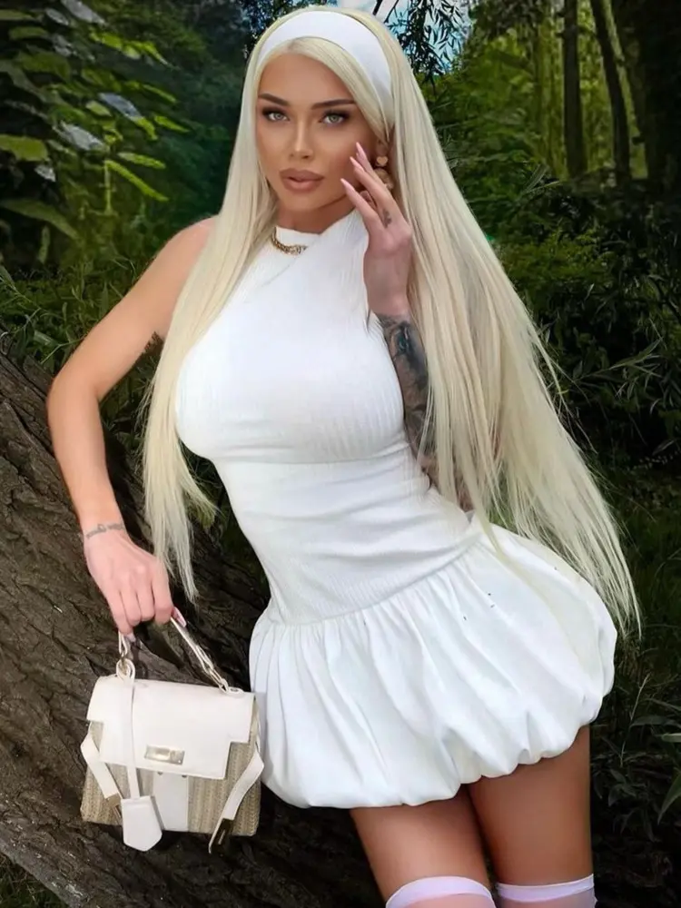 Mozision Hollow Out Backless Sleeveless Mini Dress For Women Summer New Fashion Solid O Neck Slim Pleated Dress Elegant 2024