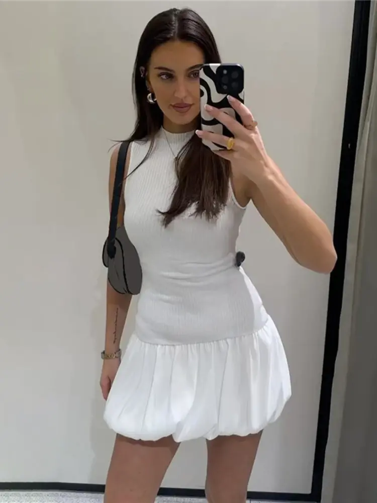 Mozision Hollow Out Backless Sleeveless Mini Dress For Women Summer New Fashion Solid O Neck Slim Pleated Dress Elegant 2024