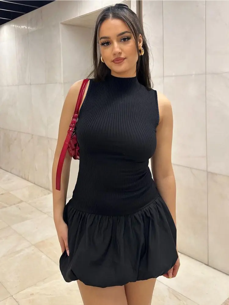 Mozision Hollow Out Backless Sleeveless Mini Dress For Women Summer New Fashion Solid O Neck Slim Pleated Dress Elegant 2024