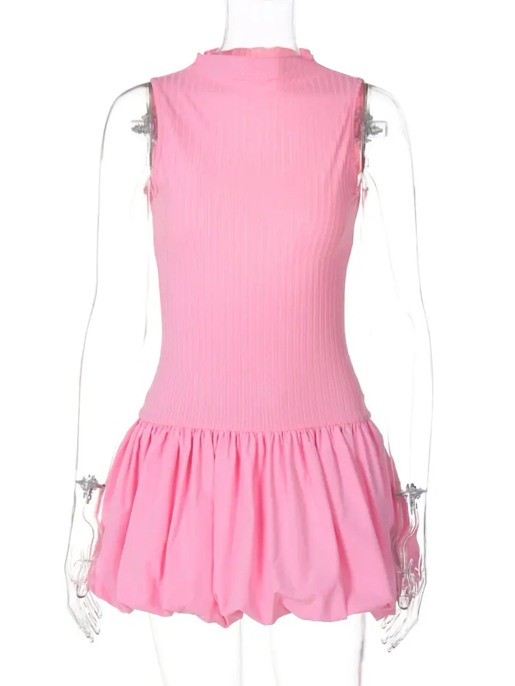 Mozision Hollow Out Backless Sleeveless Mini Dress For Women Summer New Fashion Solid O Neck Slim Pleated Dress Elegant 2024
