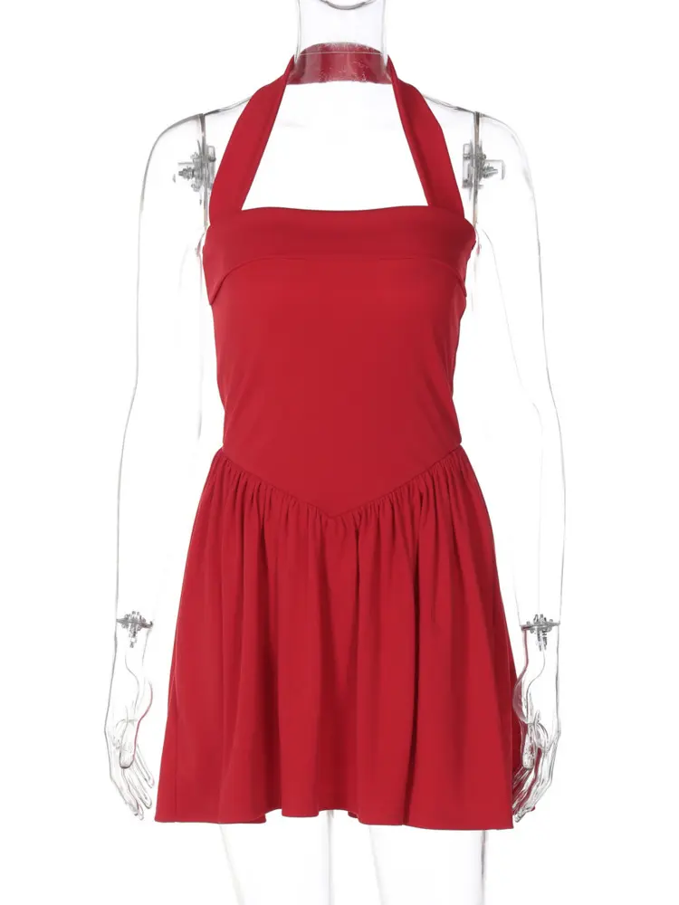 Mozision Halter Backless Sexy Mini Dress For Women Fashion Square Collar Sleeveless A-line Pleated Club Party Elegant Dress