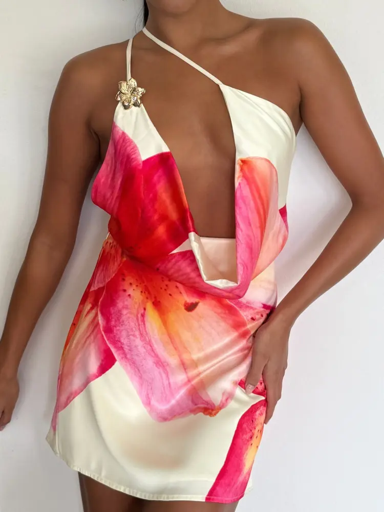Mozision One Shoulder Backless Print Sexy Mini Dress Women Summer New Hollow Out Sleeveless Ruched Beach Club Party Dress