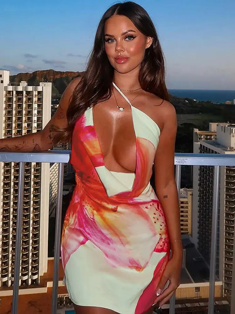 Mozision One Shoulder Backless Print Sexy Mini Dress Women Summer New Hollow Out Sleeveless Ruched Beach Club Party Dress
