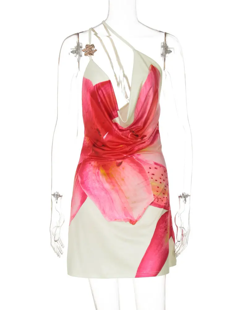 Mozision One Shoulder Backless Print Sexy Mini Dress Women Summer New Hollow Out Sleeveless Ruched Beach Club Party Dress