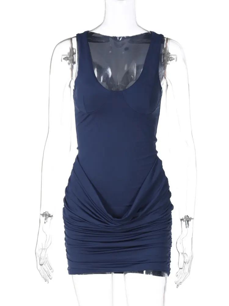 Mozision Sleeveless Ruched Sexy Mini Dress For Women Robe New Fashion Solid U Neck Sleeveless Bodycon Club Dress Partywear