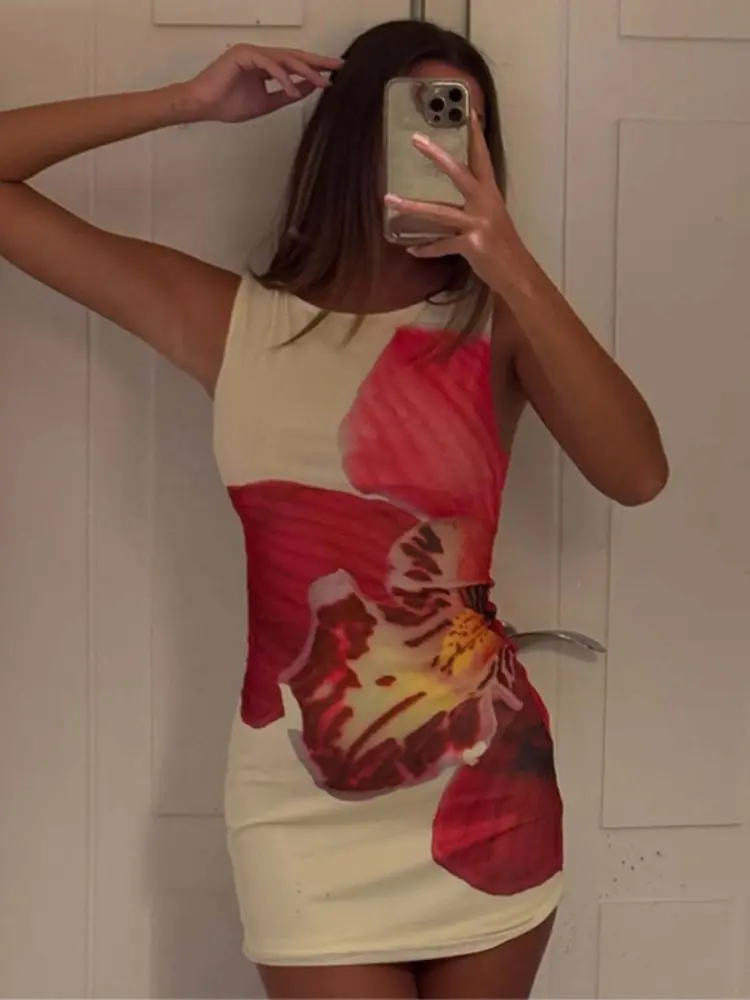 Mozision Mesh Floral Print Sexy Mini Dress Women Robe Summer New O Neck Sleeveless Slim Beach Holiday Bodycon Club Dress