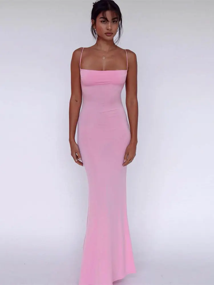Mozision Spaghetti Strap Backless Maxi Dress For Women Sundress Summer New Sleeveless Bodycon Beach Party Long Dress Vestido