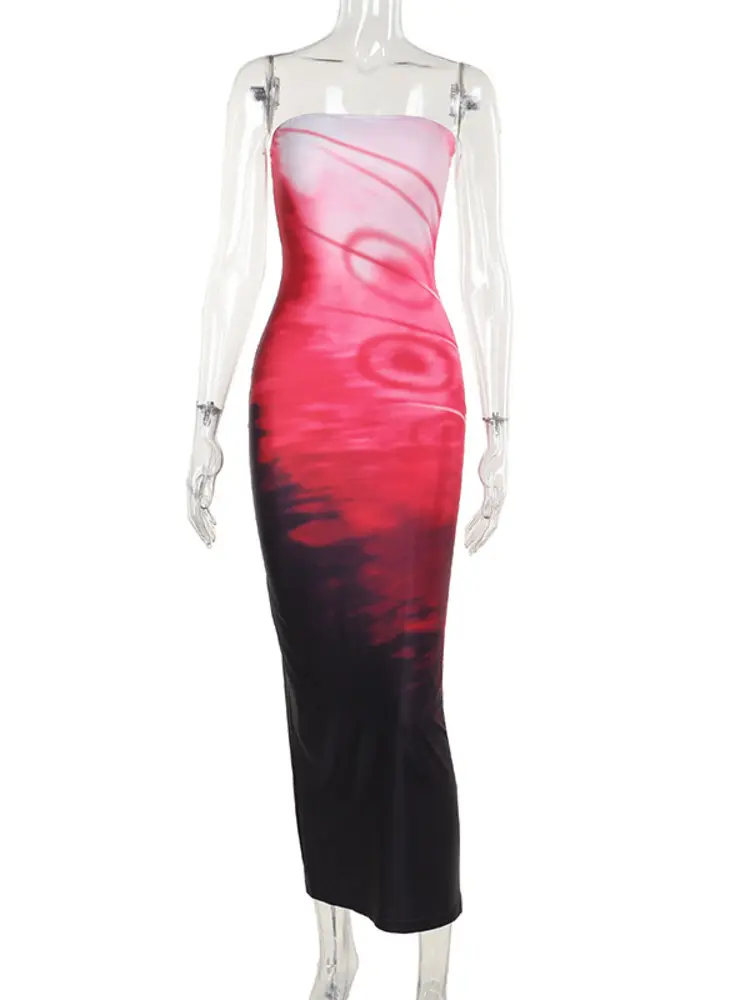 Mozision Strapless Print Sexy Midi Dress For Women Fashion Off-shoulder Backless Bodycon Club Party Sexy Long Dress Clubwear