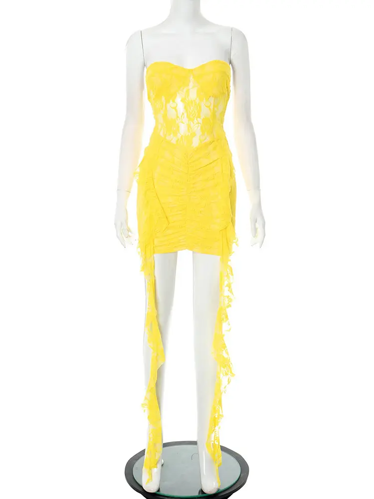 Mozision Lace Ruffle Sexy Mini Dress Women Summer New Off-shoulder Backless Sleeveless Draped Ruched  Beach Club Long Dress