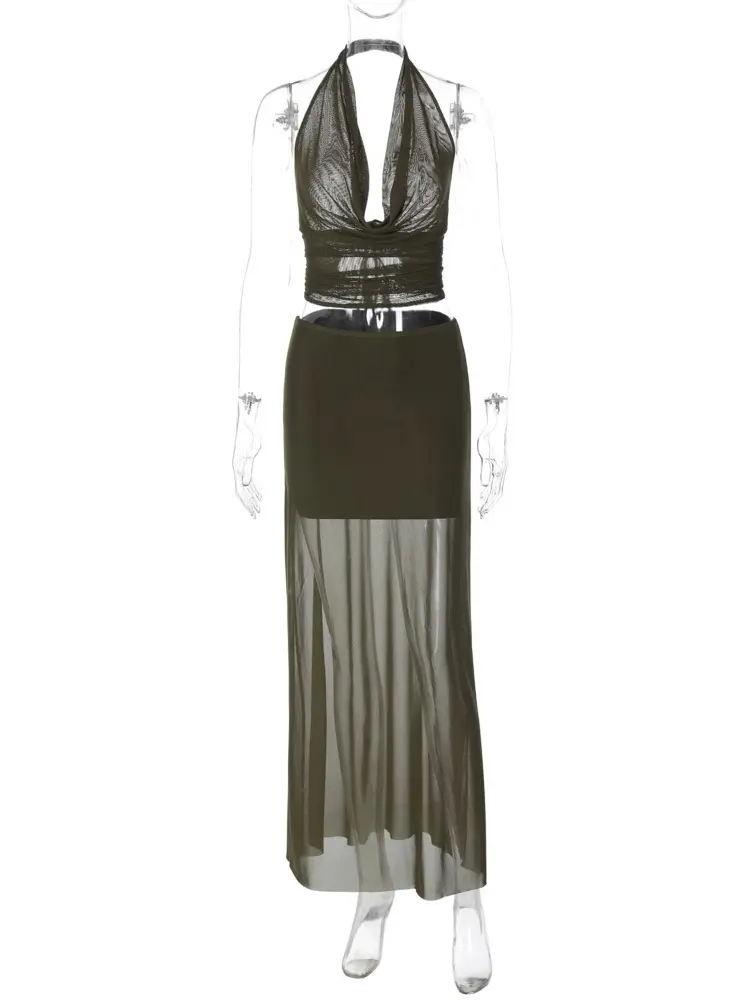 Mozision Mesh Sexy Two Piece Set Women Halter Deep V Neck Tank Tops And Maxi Skirt Matching Sets Female Backless Skirt Set