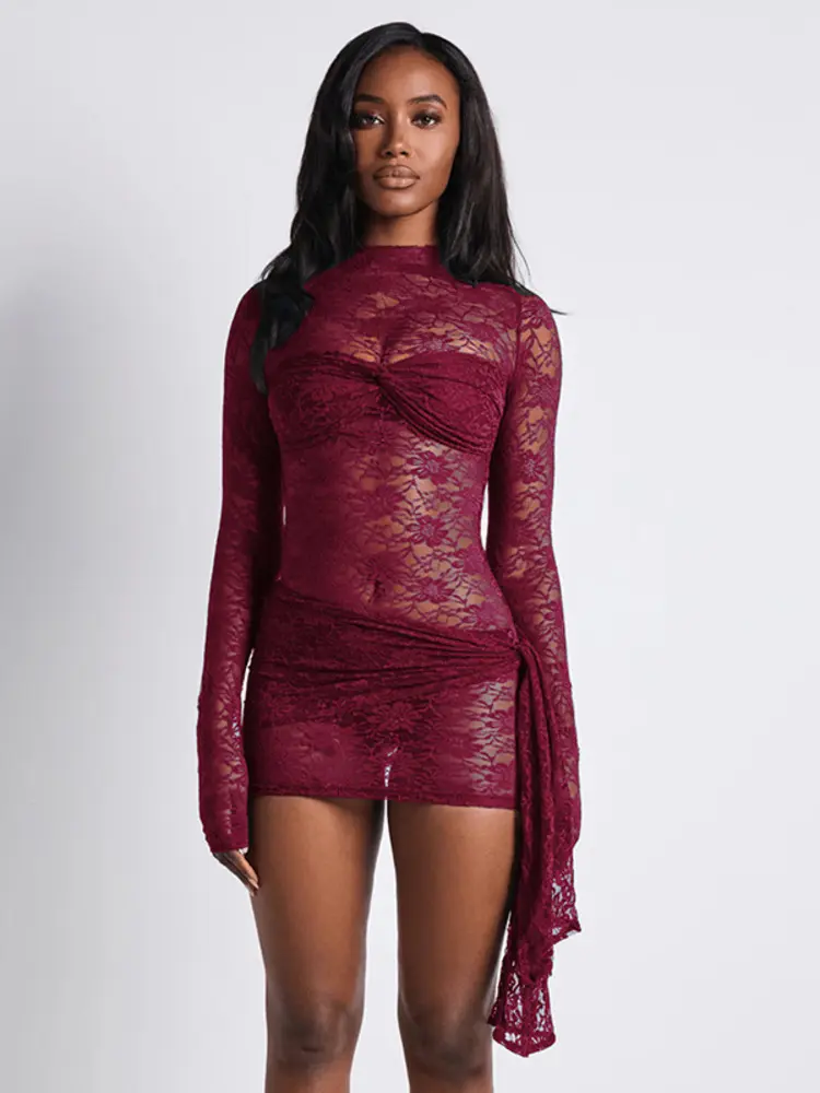 Mozision Lace See Through Sexy Mini Dress For Women Fashion Half High Collar Long Sleeve Draped Ruched Club Party Dresses Female