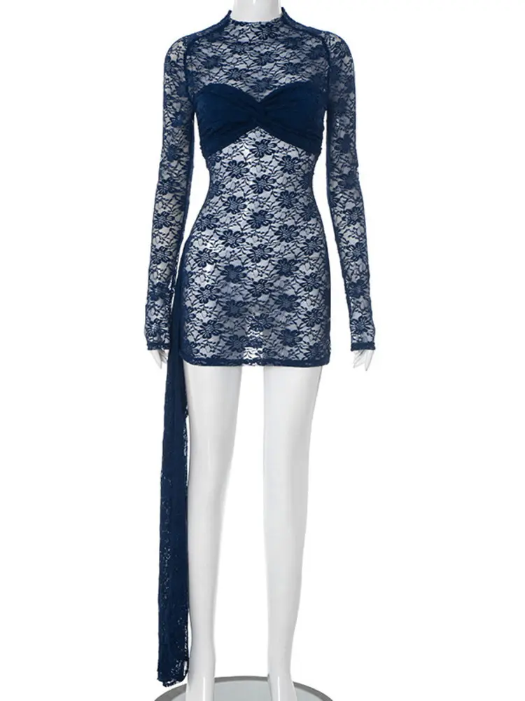 Mozision Lace See Through Sexy Mini Dress For Women Fashion Half High Collar Long Sleeve Draped Ruched Club Party Dresses Female