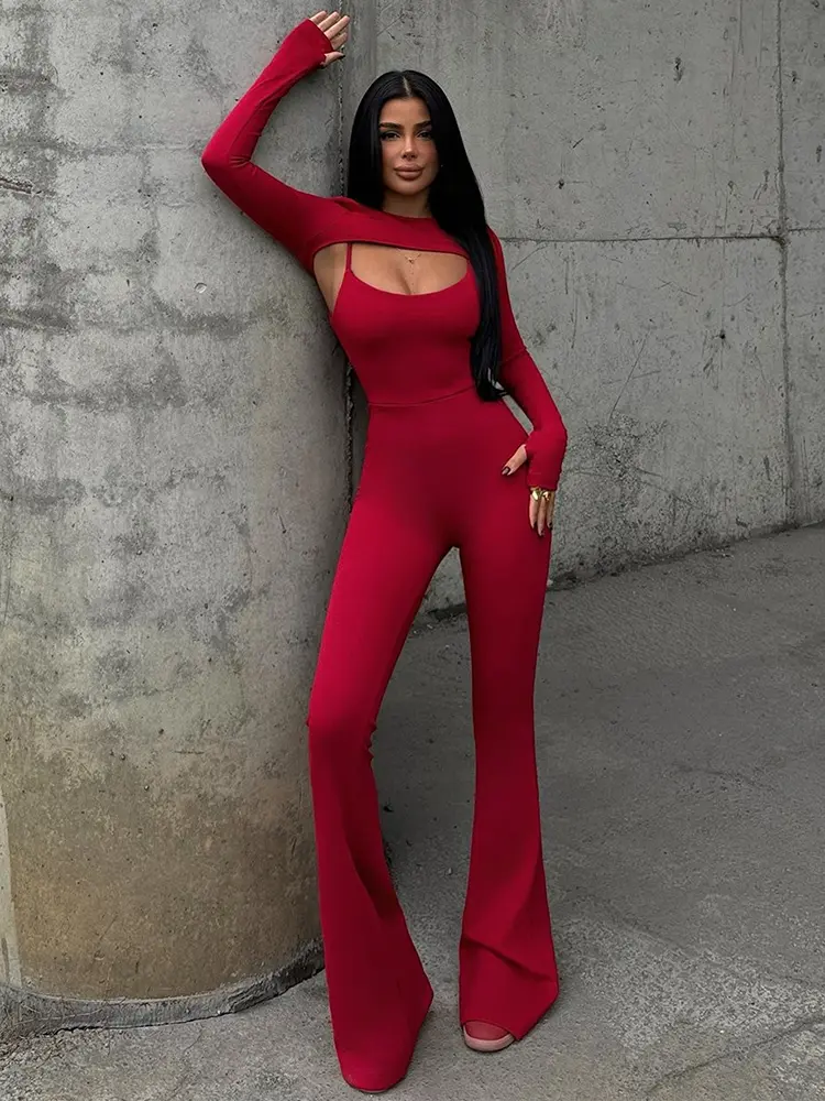 Mozision Sexy Hollow Out Jumpsuits Sets Women Fashion Solid Long Sleeve Shawl And Jumpsuits Female Elegant Two Piece Sets