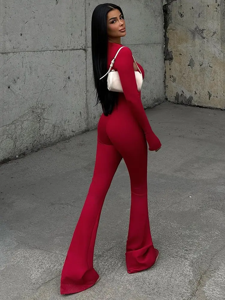 Mozision Sexy Hollow Out Jumpsuits Sets Women Fashion Solid Long Sleeve Shawl And Jumpsuits Female Elegant Two Piece Sets