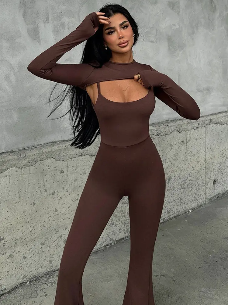 Mozision Sexy Hollow Out Jumpsuits Sets Women Fashion Solid Long Sleeve Shawl And Jumpsuits Female Elegant Two Piece Sets