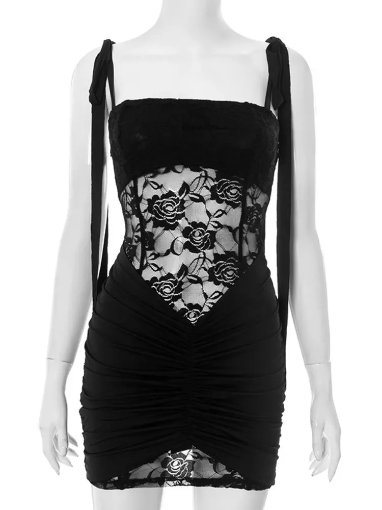 Mozision Cutout Lace Ruched Sexy Mini Dress Women Summer Fashion Spaghetti Strap Sleeveless High Waist Club Party Dress Elegant