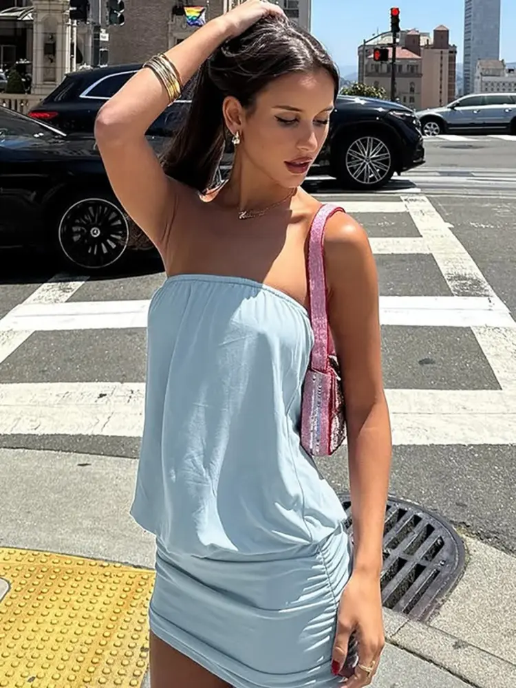 Mozision Off-shoulder Strapless Sexy Mini Dress Women Fashion Sleeveless Backless High Waist Ruched Club Party Dresses Female