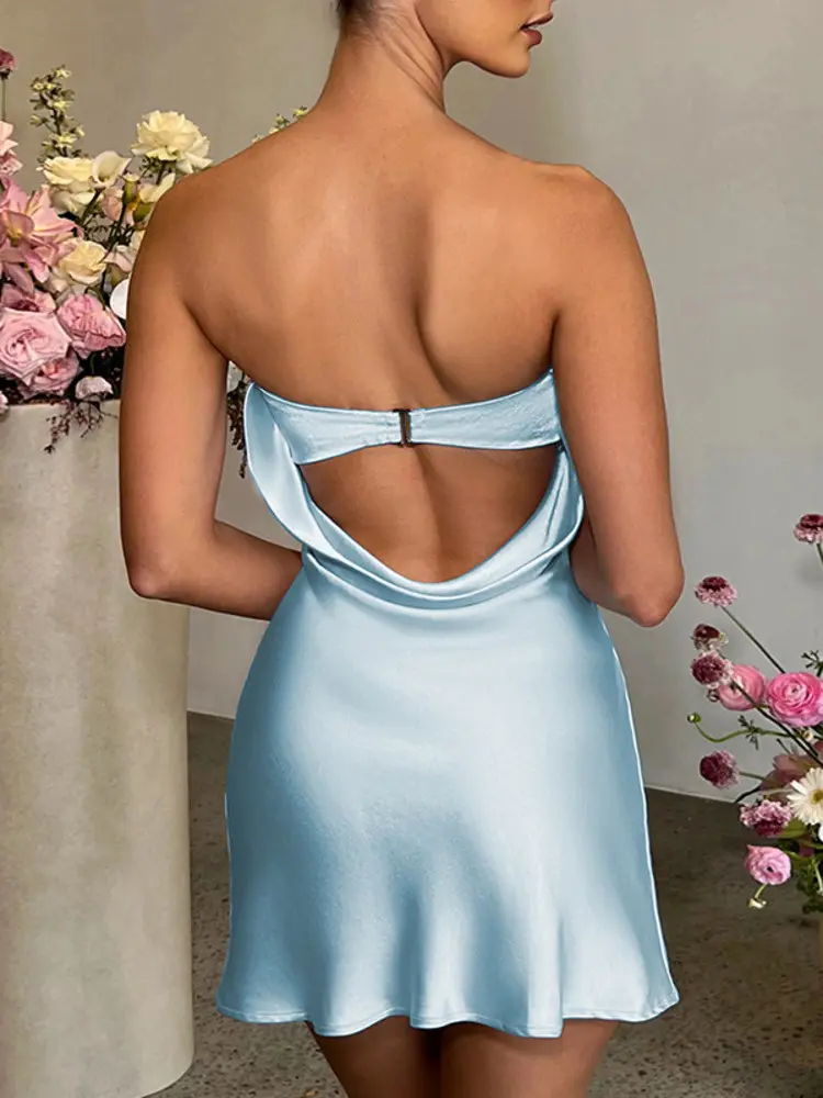 Mozision Satin Sexy Backless Mini Dress Women Robe Fashion Strapless Sleeveless Bodycon Night Club Party Short Dresses Vestido