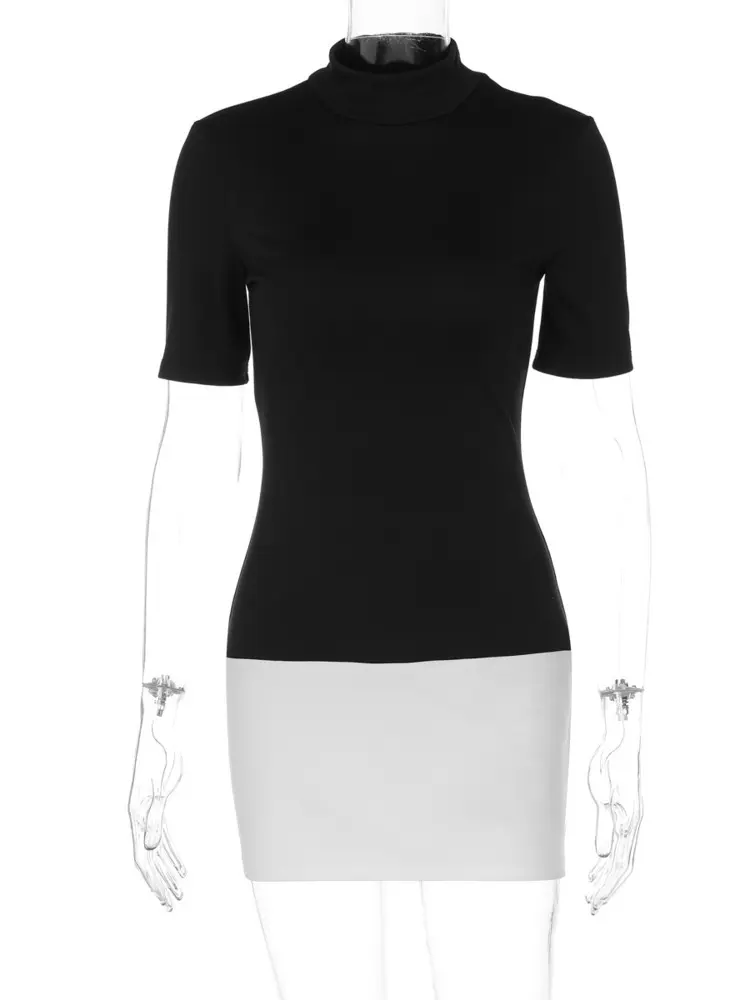 Mozision Sexy Half High Collar Half Sleeve Patchwork Mini Dress Women Slim Elegant High Waist Dress Streetwear Female Clothes